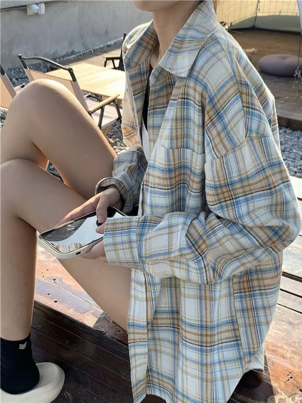 Retro American Plaid Shirt Women's Long Sleeve Spring Autumn New Design Loose Top Hong Kong Style Chic Loose Polyester Fiber