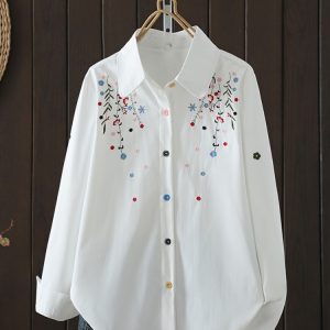 Retro Embroidered Cotton Linen Long Sleeve Shirt Women Early Autumn Comfortable Anti-Aging Casual Bottoming Top
