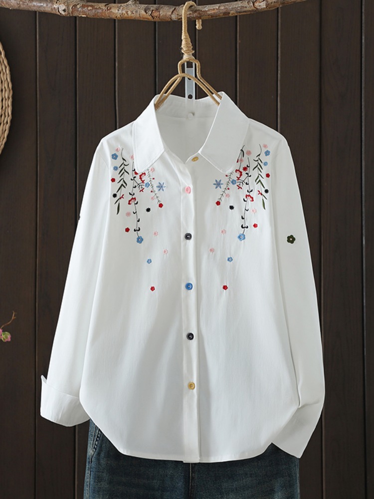 Retro Embroidered Cotton Linen Long Sleeve Shirt Women Early Autumn Comfortable Anti-Aging Casual Bottoming Top