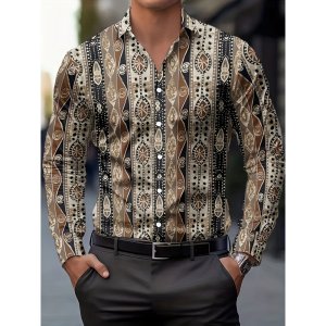 Men’s Retro Scottish Paisley Pattern Shirt Brown Collar Long Sleeve Men’s Casual Loose Breathable Daily Versatiles Shirts Tops