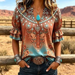 Women Cowgirl Western Blouse Notched V‑Neck Half‑Button Double Layer Ruffle Puff Short Sleeve Boho Floral Print Loose Casual Top