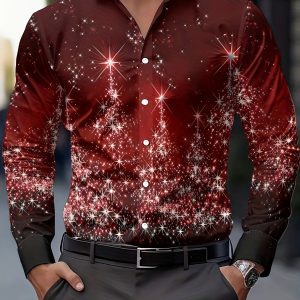 Men’s Christmas Long-Sleeve Shirt with Glowing Christmas Tree Pattern, Casual for Christmas Family Gatherings