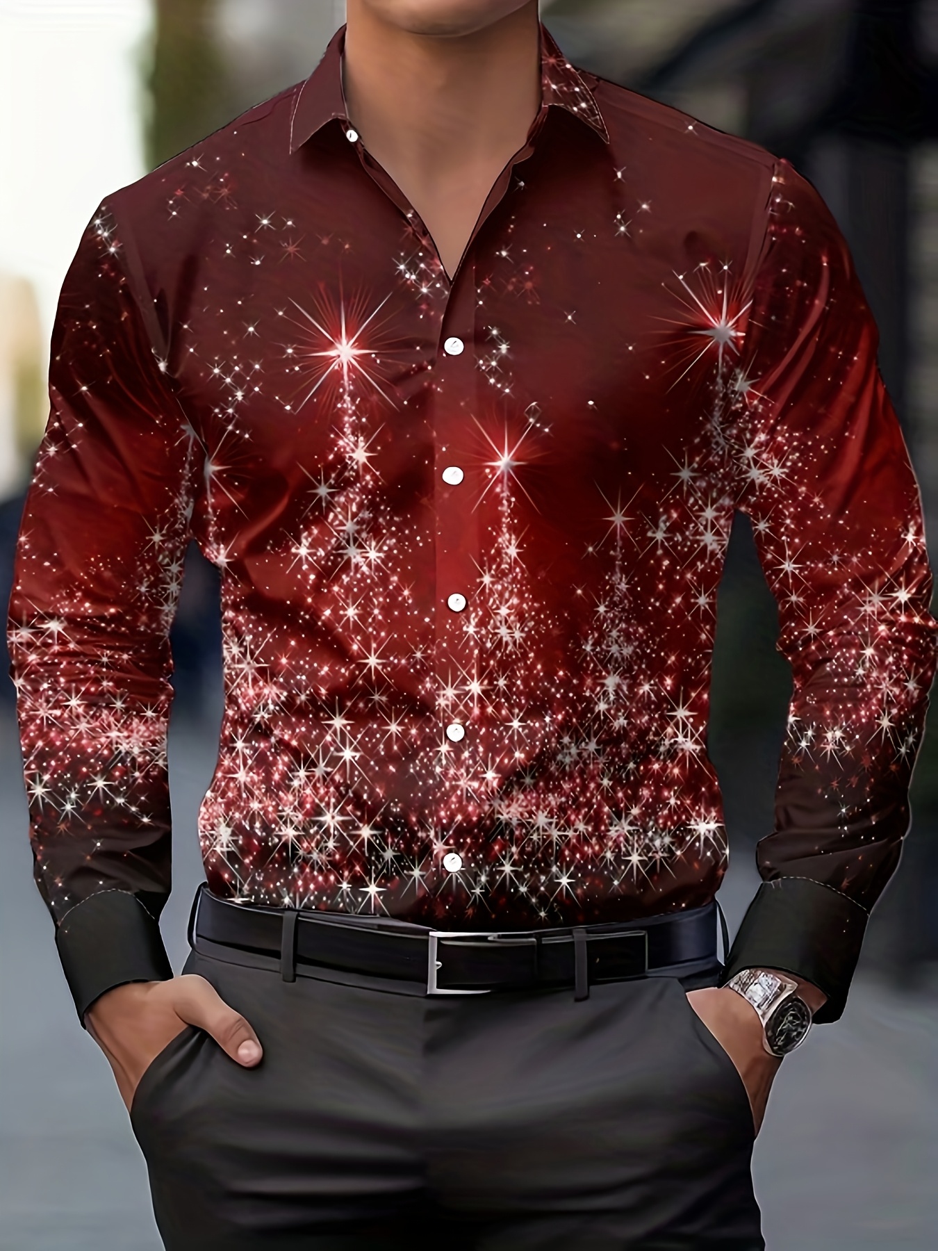Men's Christmas Long-Sleeve Shirt with Glowing Christmas Tree Pattern, Casual for Christmas Family Gatherings