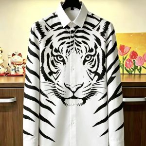 Men’s Fashionable Long Sleeved Shirt With Black Tiger Pattern 3D Printed Lapel Button Up Shirt Luxurious Streetwear Casual Shir