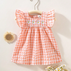 Summer newborn baby girl dress light pink checkered ruffled sleeveless daisy embroidered ginger yellow dress with headband