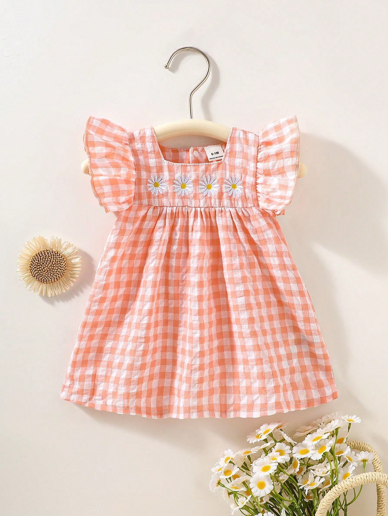 Summer newborn baby girl dress light pink checkered ruffled sleeveless daisy embroidered ginger yellow dress with headband
