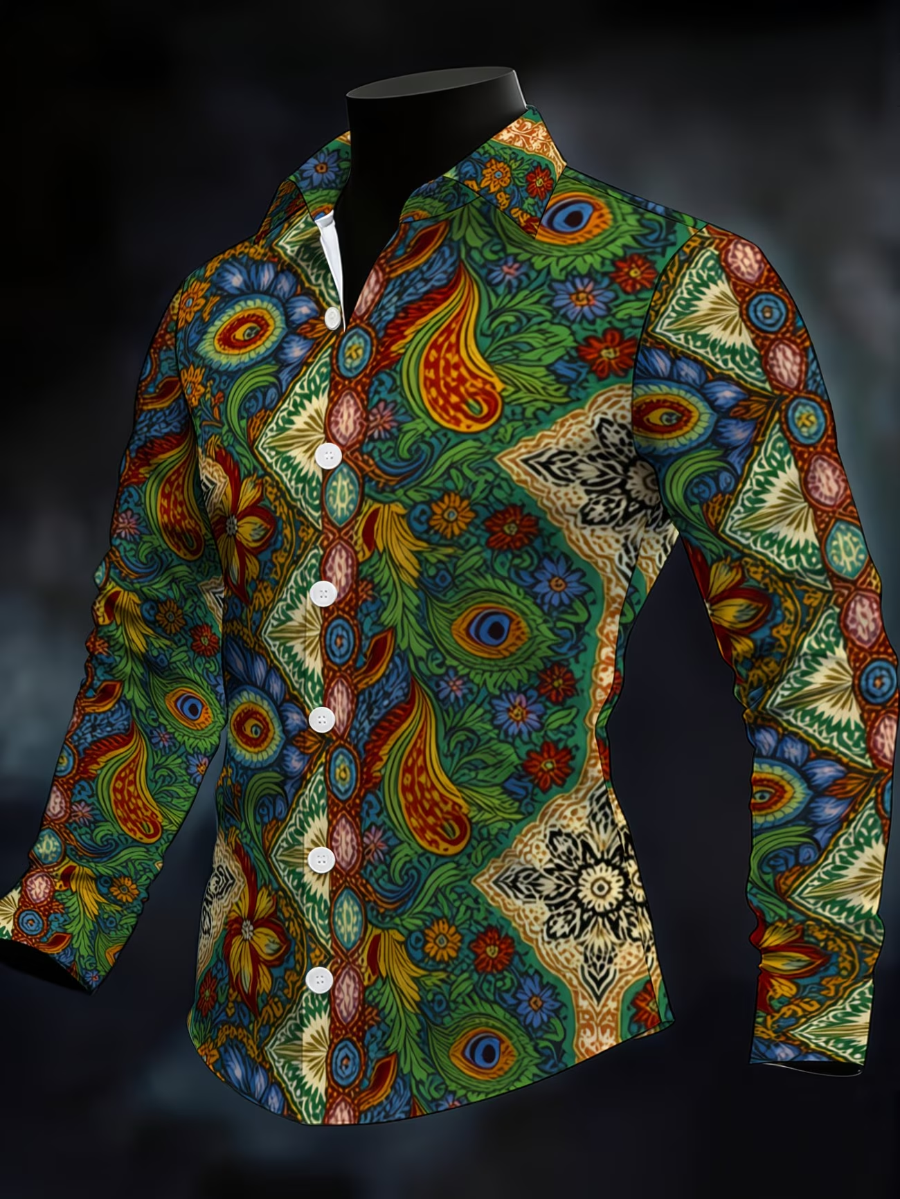 New men's Casual Shirt Long Sleeved Slim Fit 3D Feather Print Shirt Fashionable Casual men's Pattern Top