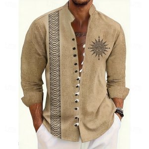 Men’s Bohemian Linen Shirt with Khaki Base, Ethnic Wave Vertical Stripes and Sun Face Totem Pattern, Long Sleeved Casual Shirt