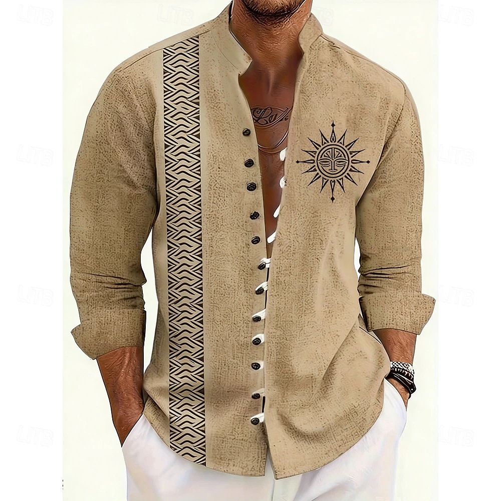 Men's Bohemian Linen Shirt with Khaki Base, Ethnic Wave Vertical Stripes and Sun Face Totem Pattern, Long Sleeved Casual Shirt