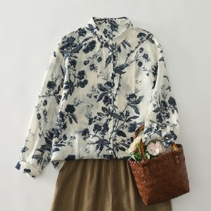 Spring New Loose Long Sleeve Printed Open Cardigan Women’s Shirt Thin Retro Artistic Blue Flower Top Polyester Cotton Blend