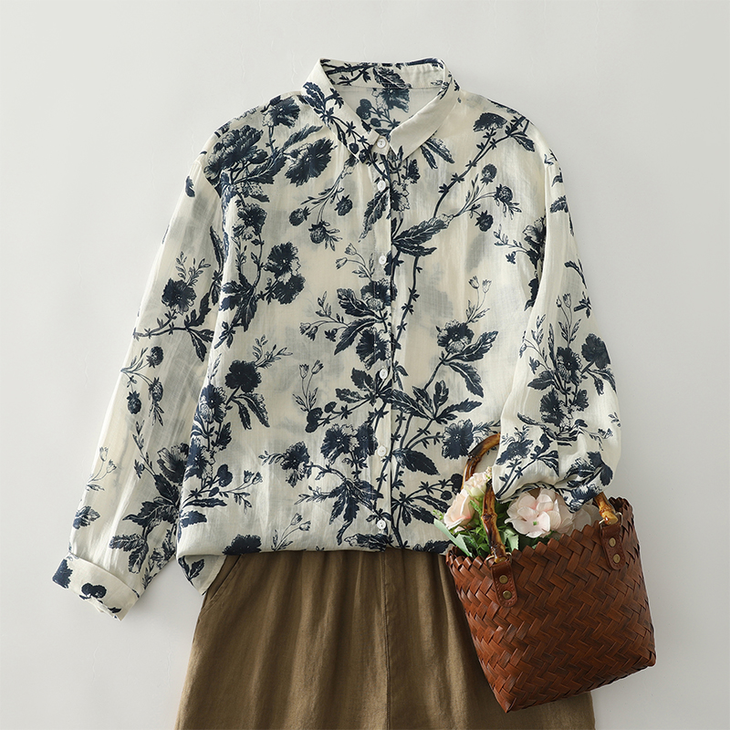 Spring New Loose Long Sleeve Printed Open Cardigan Women's Shirt Thin Retro Artistic Blue Flower Top Polyester Cotton Blend