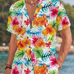 Men’s Tropical Hibiscus Floral Print Short Sleeve Shirt Casual Hawaiian Button Down Shirts For Men Beach Vacation Wear