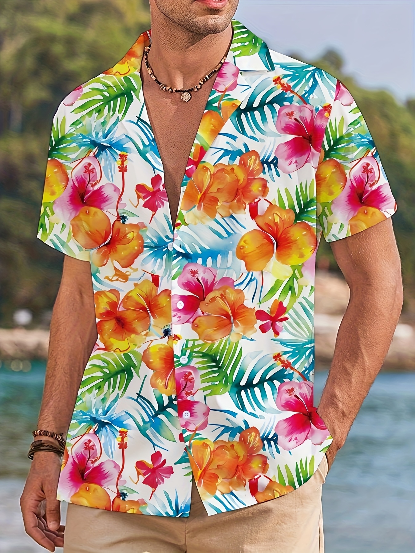 Men's Tropical Hibiscus Floral Print Short Sleeve Shirt Casual Hawaiian Button Down Shirts For Men Beach Vacation Wear