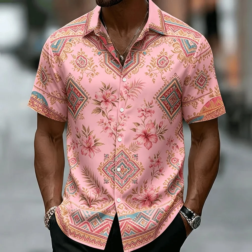 Men's Tiger Floral Ornate Print Short Sleeve Lapel Shirt Summer Beach Loose Vacation Casual Mens Tops