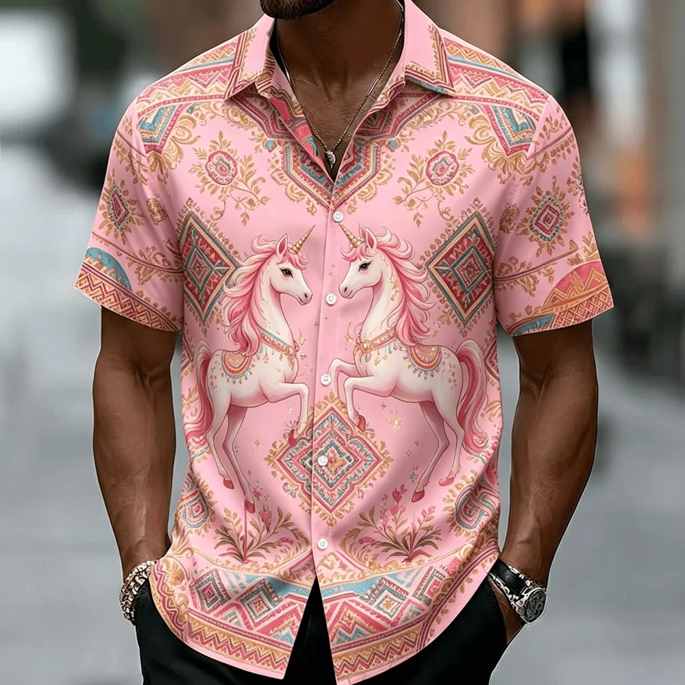 Men's Tiger Floral Ornate Print Short Sleeve Lapel Shirt Summer Beach Loose Vacation Casual Mens Tops