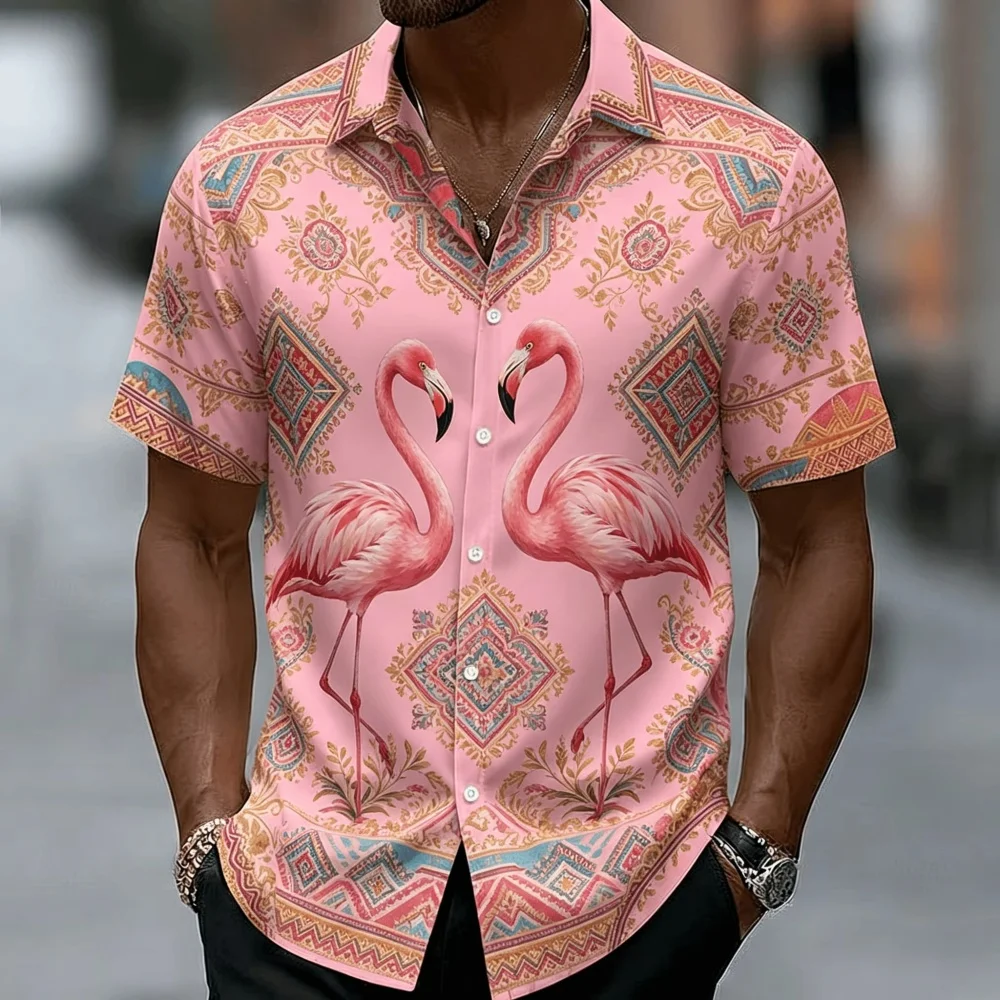 Men's Tiger Floral Ornate Print Short Sleeve Lapel Shirt Summer Beach Loose Vacation Casual Mens Tops