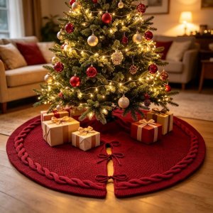 24-inch Deep Red Knitted Christmas Tree Skirt, Suitable for Christmas Tree Skirt Carpet Decoration and Christmas Tree Ornaments