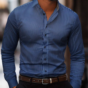Men’s Fashion Striped Pattern Shirt, Casual Breathable Lapel Button Long-Sleeved Shirt Comfortable and Soft Fabric Shirt