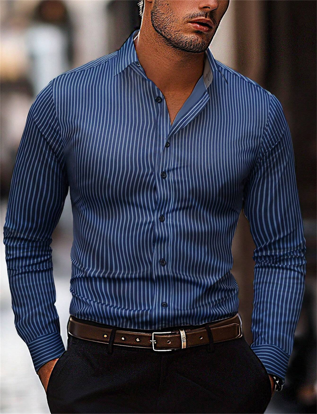 Men's Fashion Striped Pattern Shirt, Casual Breathable Lapel Button Long-Sleeved Shirt Comfortable and Soft Fabric Shirt