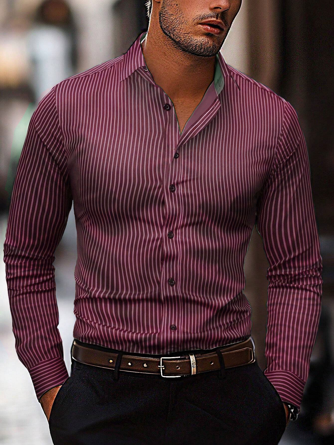 Men's Fashion Striped Pattern Shirt, Casual Breathable Lapel Button Long-Sleeved Shirt Comfortable and Soft Fabric Shirt