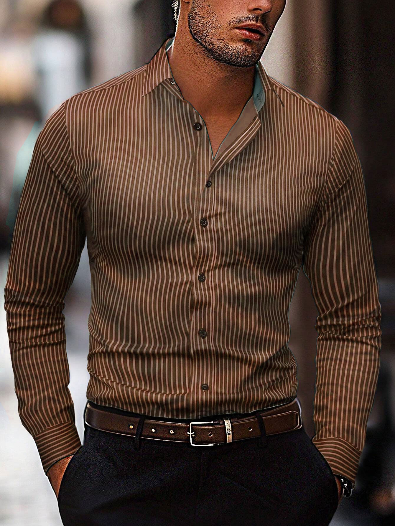 Men's Fashion Striped Pattern Shirt, Casual Breathable Lapel Button Long-Sleeved Shirt Comfortable and Soft Fabric Shirt