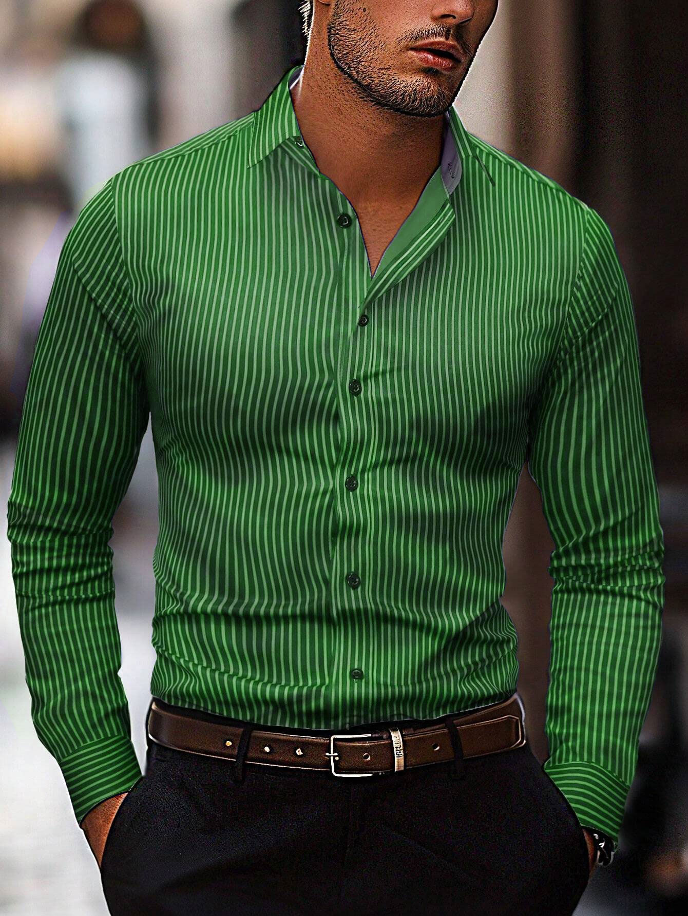 Men's Fashion Striped Pattern Shirt, Casual Breathable Lapel Button Long-Sleeved Shirt Comfortable and Soft Fabric Shirt