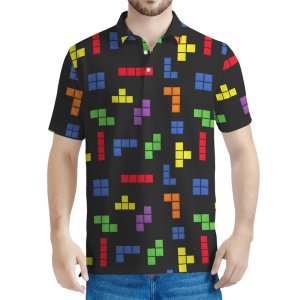 Men’s Black Tetris Game Colorful Block Print Short Sleeve Polo Shirt Retro Gaming Style Daily Casual Top