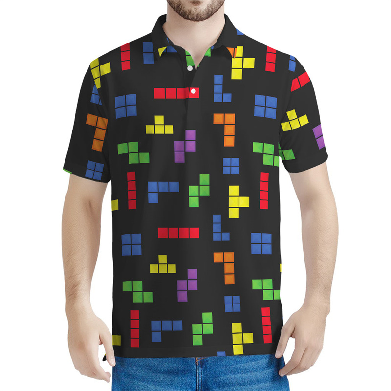 Men's Black Tetris Game Colorful Block Print Short Sleeve Polo Shirt Retro Gaming Style Daily Casual Top
