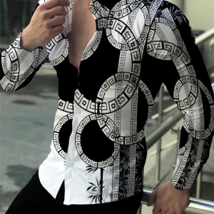 Autumn men’s casual versatile fashion street men’s shirt lapel single-breasted long-sleeved top geometric long-sleeved shirt