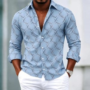 Men’s Shirt with Geometric Diamond Grid Printed Long-Sleeved Shirt for Spring Business and Leisure, Loose Collared Men’s Shirt