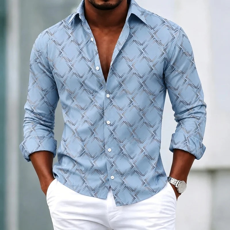 Men's Shirt with Geometric Diamond Grid Printed Long-Sleeved Shirt for Spring Business and Leisure, Loose Collared Men's Shirt