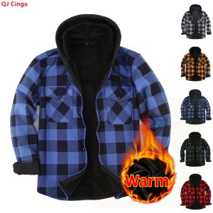 Red Men’s Long-sleeve Hooded Shirt; Winter Striped Flannel Fleece-lined Shirts; Available in Blue, Green, and Yellow.