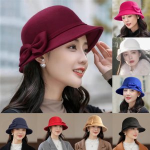 Womens Wool Felt Round Top Bucket Hat New Trendy Autumn Winter Korean Retro British Style Vintage Versatile Elegant Bowler Hats