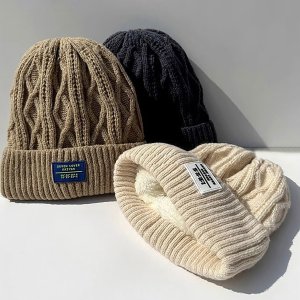 Winter Knit Beanie Hat for Women Thicken Warm Plush Lining Crochet Cap Solid Color Female Woolen Pullover Hats