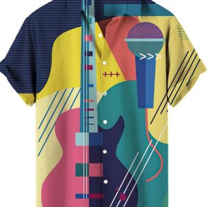 Men’s Hawaiian Short Sleeve Shirt Geometric Guitar Microphone Music Abstract Print Trendy Casual Summer Daily Top