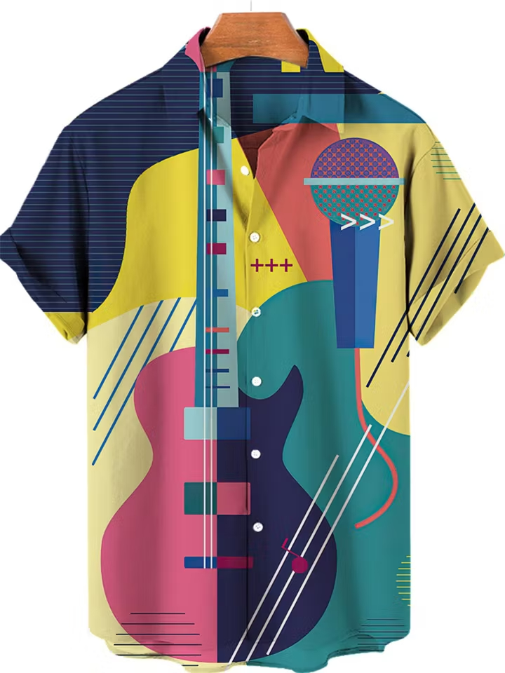 Men's Hawaiian Short Sleeve Shirt Geometric Guitar Microphone Music Abstract Print Trendy Casual Summer Daily Top