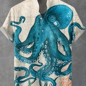 Men’s hot selling summer casual fashion giant octopus pattern printed linen short sleeved shirt men’s trendy button top