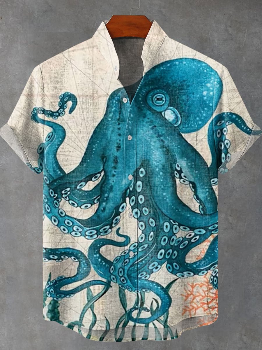 Men's hot selling summer casual fashion giant octopus pattern printed linen short sleeved shirt men's trendy button top