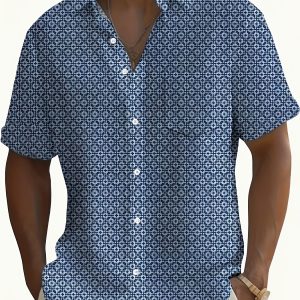 2026 New Summer Mens Tops Vintage Geometric Digital Print Short Sleeve Turn Collar Button Casual Men Shirt