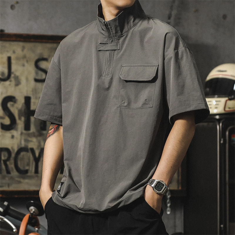 Summer Men's Casual Half-zip Short Sleeve Polo Shirts High Street Fashion Pocket Polos T-shirt Y2K Vintage Oversized Tee Tops