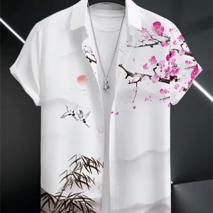 Men Chinese Ink Painting Plum Blossom Bamboo Crane Print Short Sleeve Collar Shirt Summer Casual Button Down Streetwear Top