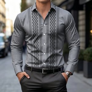 Mens Modern Ethnic Chevron Print Dress Shirt  Long Sleeve Slim Fit Button Up Tops  Casual Streetwear Business Blouses  Unique Ge