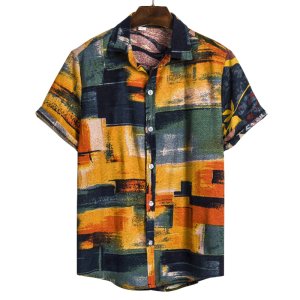Men’s Vintage Abstract Geometric Brush Stroke Art Print Short Sleeve Lapel Shirt Summer Street Casual Top