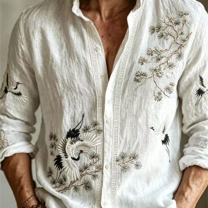 Men’s Chinese Style Crane Pine Printed Long Sleeved Shirt, Linen Blend, Oriental Retro Casual Street Breathable Men’s Shirt