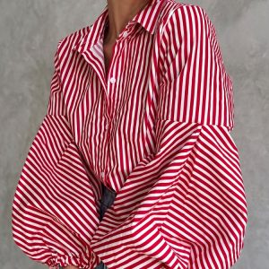 Yeezzi Women’s Red White Vertical Stripe Lapel Blouse Tops Puff Balloon Sleeves Drawstring Cuff Loose Casual Daily Commute Shirt