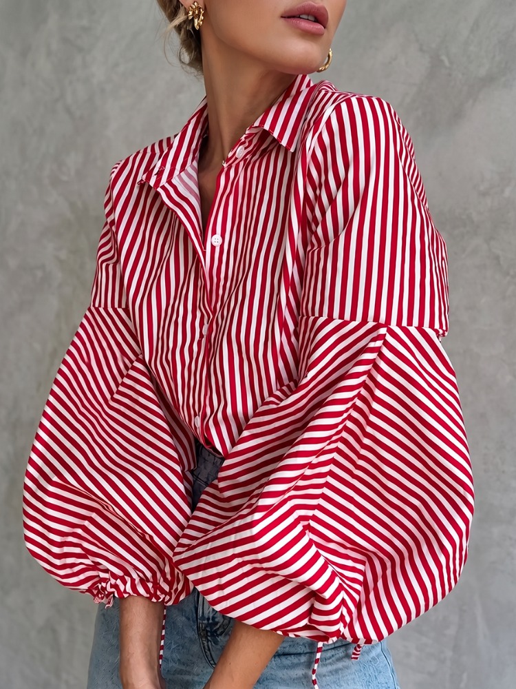 Yeezzi Women's Red White Vertical Stripe Lapel Blouse Tops Puff Balloon Sleeves Drawstring Cuff Loose Casual Daily Commute Shirt