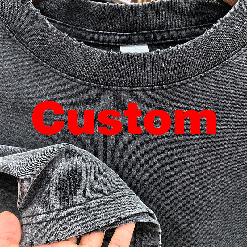 Ripped Custom LOGO DIY Image Oversize Tshirt Vintage Washed Heavy Weight T Shirt Hip Hop Streetwear Washed 100% Cotton